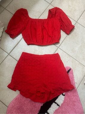 Red Two-Piece Crop Top & High-Waist Shorts Set